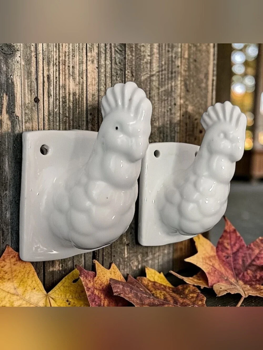 2 Vtg Rooster Wall Hooks Ceramic White Farmhouse Chicken Coat Hat Towel Rustic